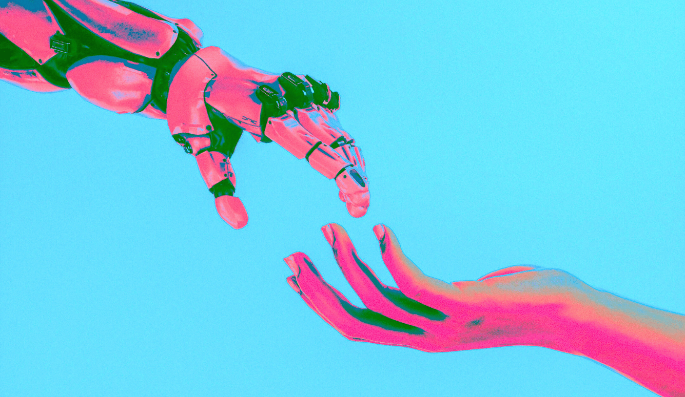 A robotic and a human hand reach towards each ther. Neon colours.