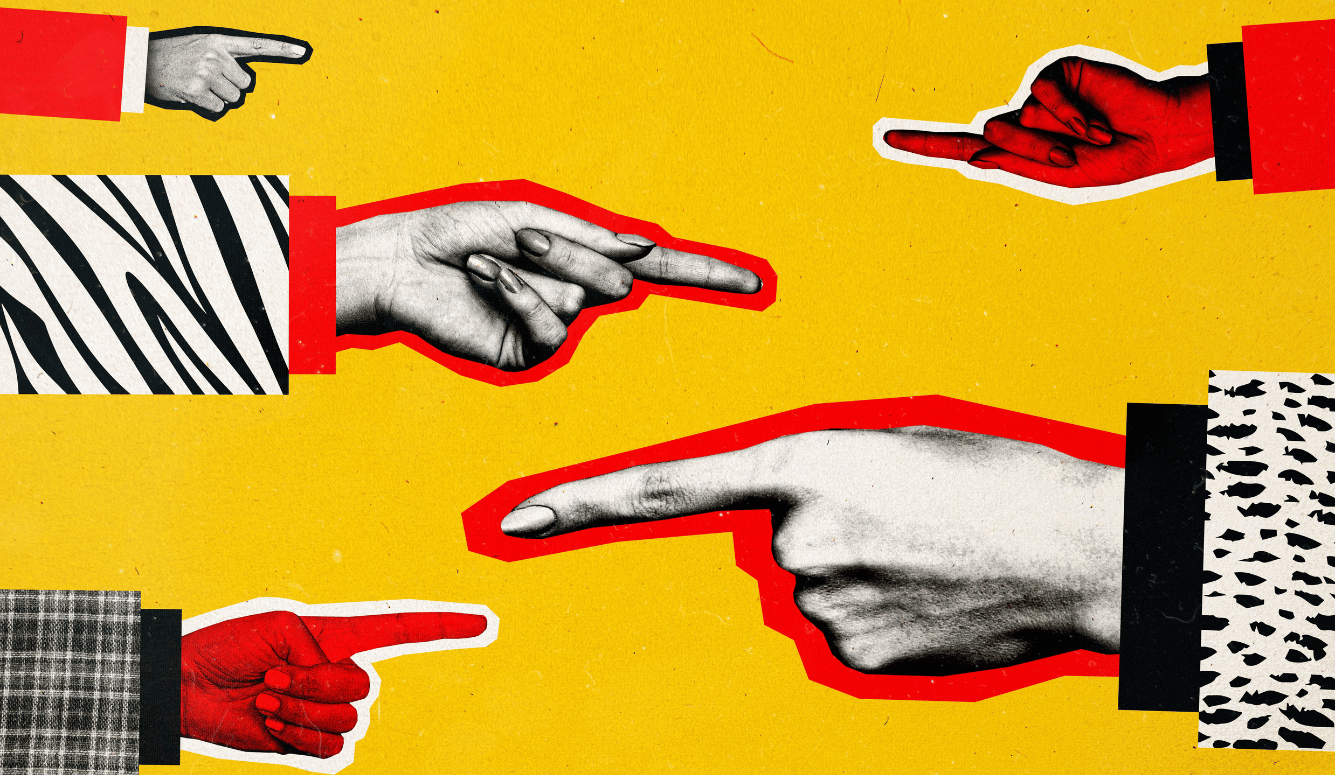 Composite photo collage of people hands fingers pointing at each other against a painted background. 