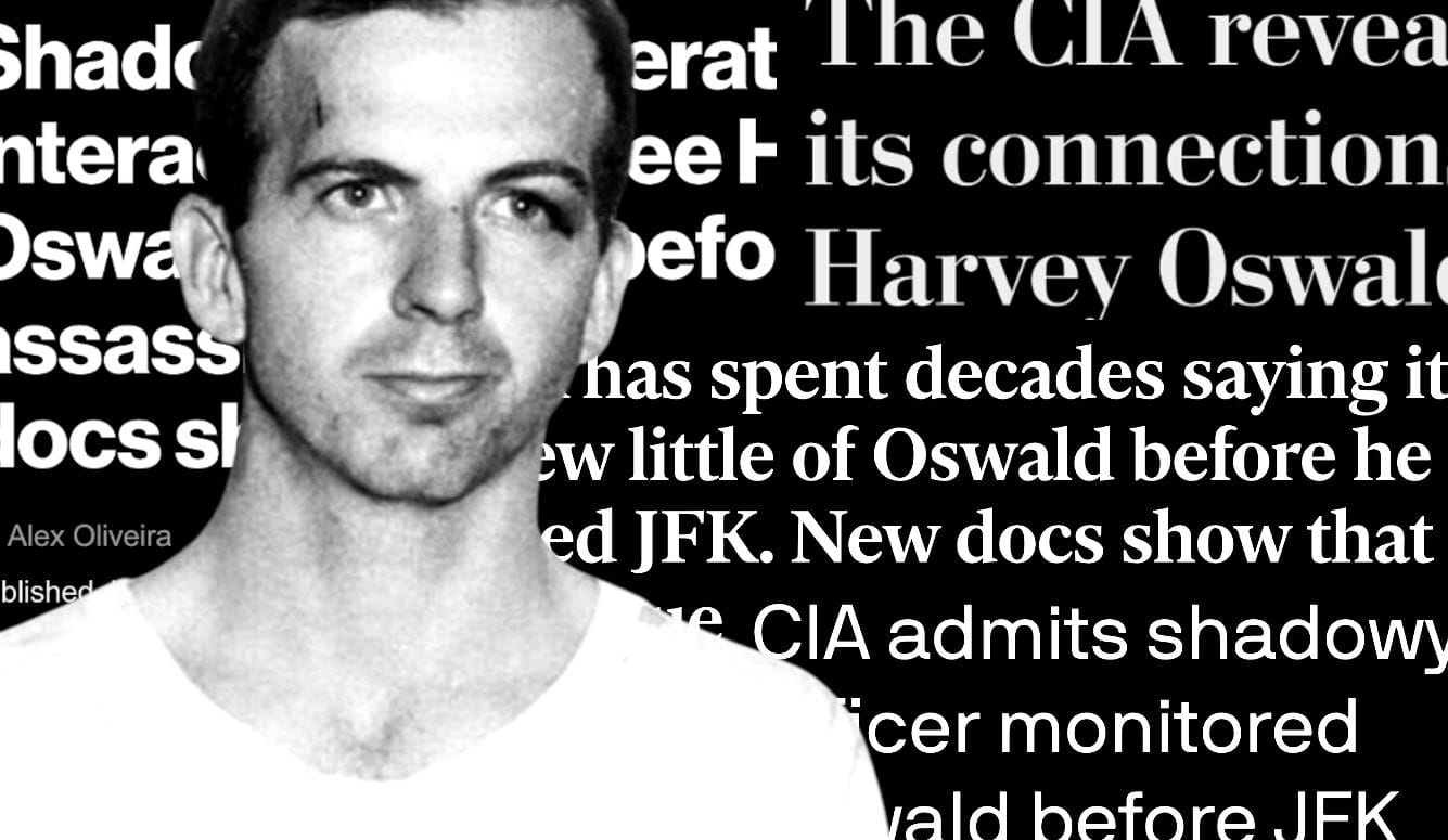 Composite image of Lee Harvey Oswald against a background of text about the assassination. 