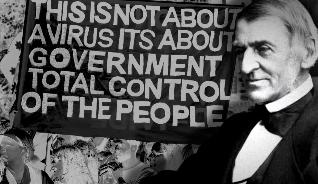 Composite image of Ralph Waldo Emerson and modern protestors carrying a banner reading ‘THIS IS NOT ABOUT A VIRUS ITS ABOUT GOVERNMENT TOTAL CONTROL OF THE PEOPLE.’ 