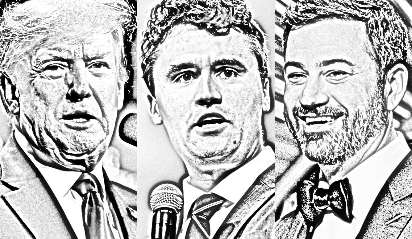 Composite image of Donald Trump, Charlie Kirk, and Jimmy Kimmel, black and white. 