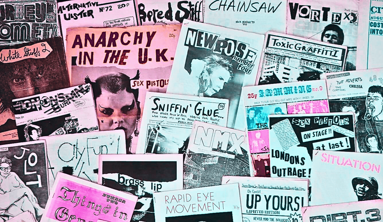 Wikimedia Commons image showing a collection of vintage British zines from the punk era.