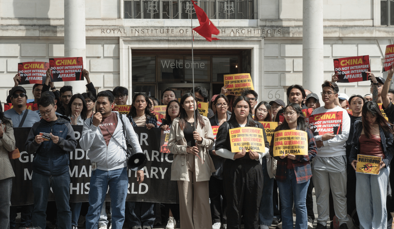 In front of the Embassy of the People's Republic of China in London, where Myanmar protesters gathered to demand that China stop interfering in Myanmar's internal affairs.