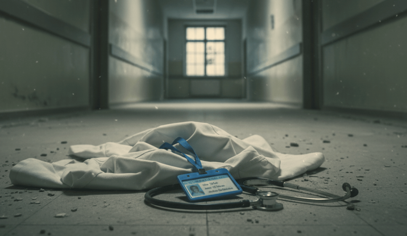 A stethoscope, white doctor's coat, and ID badge lie on the floor of a desolate hospital.