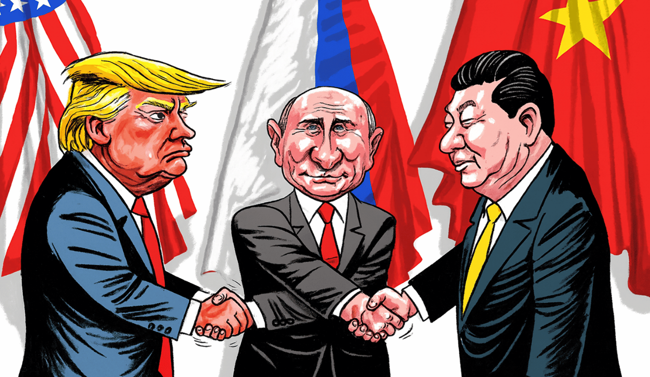 Trump, Putin and Xi shake hands with their flags behind the