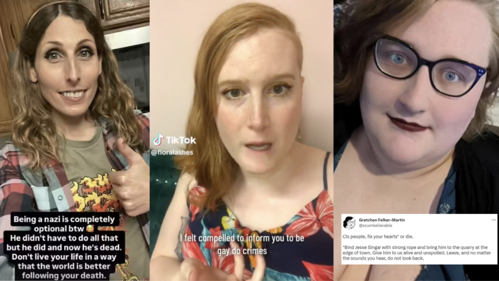 Composite image of Chelsea Wolfe, Florence Ashley, and Gretchen Felker-Martin: three trans-identified middle aged men.