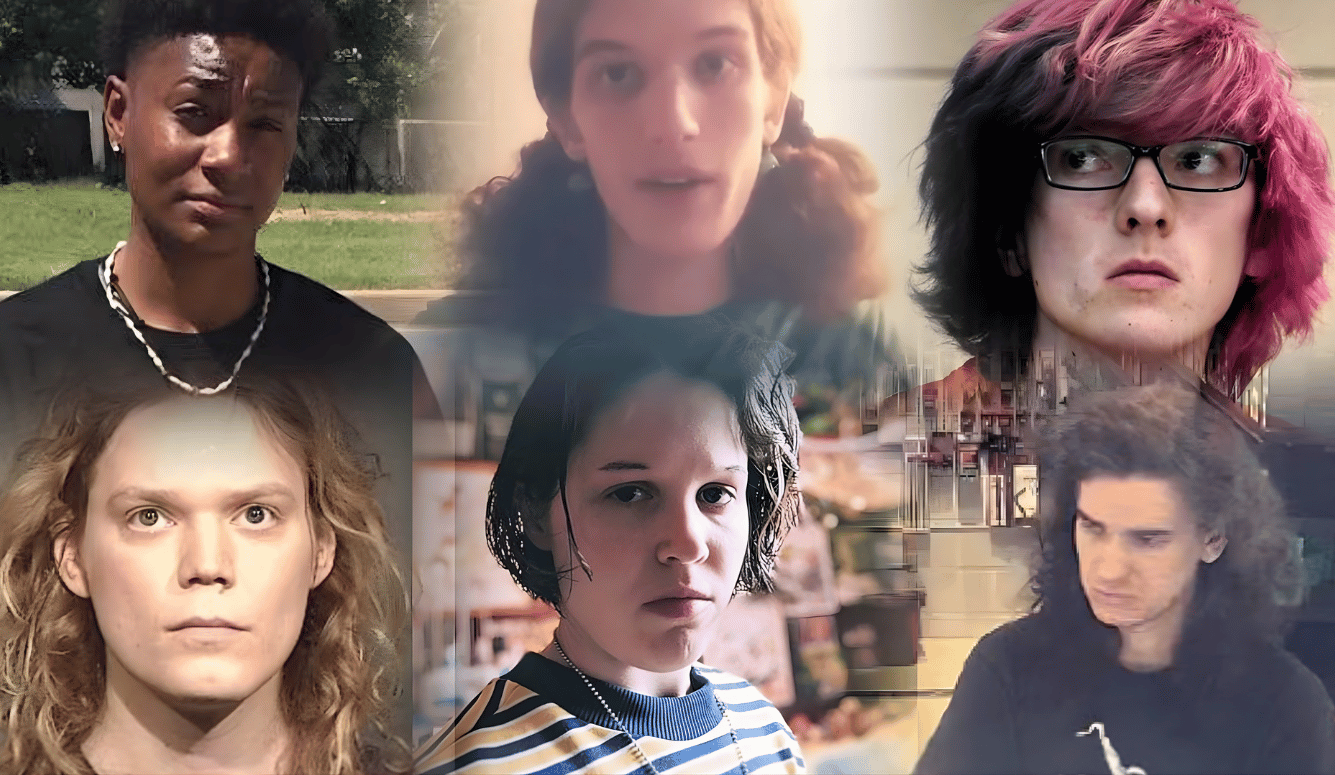 A collage of the faces of six trans killers. Most are male to female trans. 