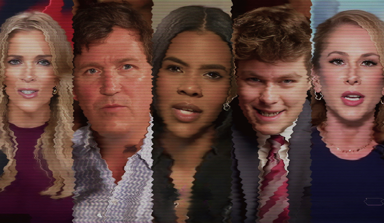 Megyn Kelly, Tucker Carlson, Candace Owens, Nick Fuentes, Ana Kasparian. Split-screen with a digital distortion effect