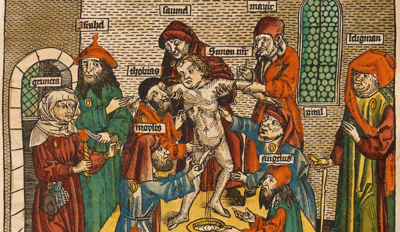 Section of a 1493 woodcut depicting the story of Simon of Trent with figures in a religious setting.