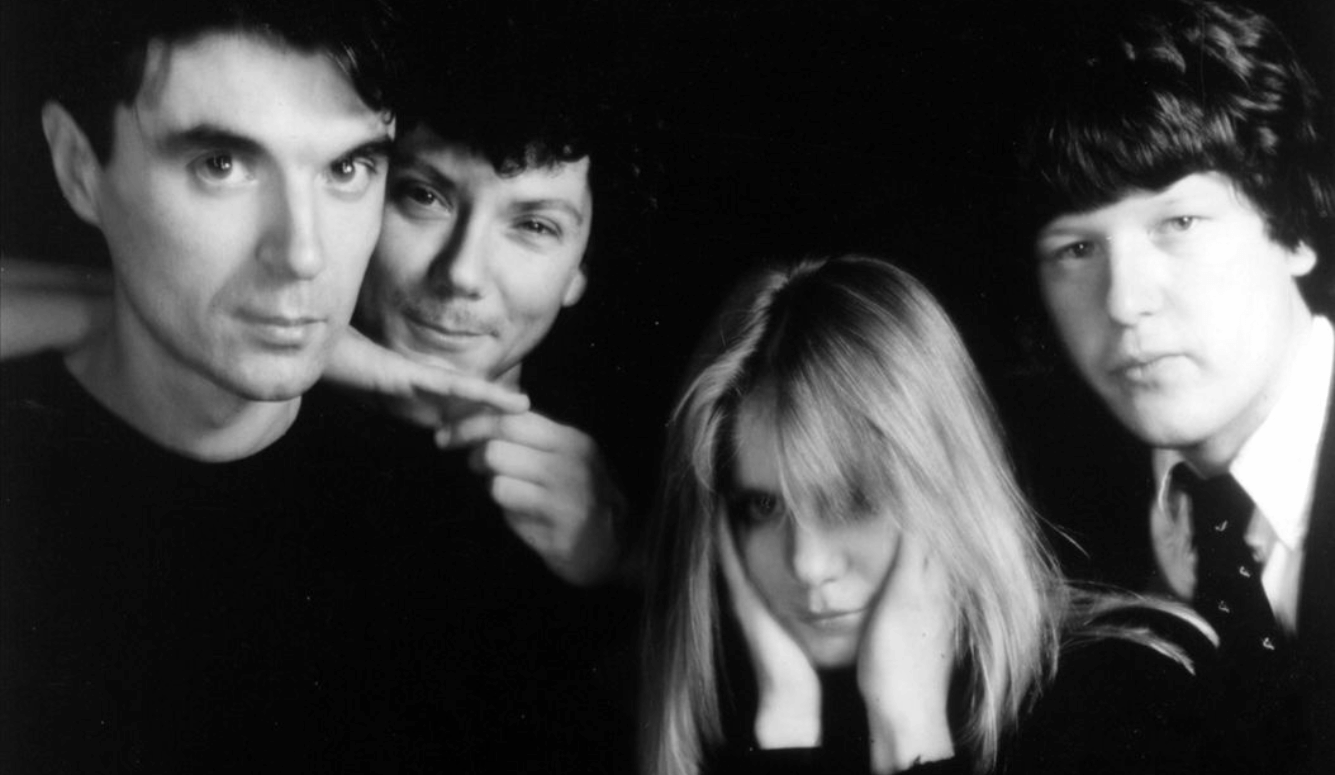 Talking Heads c. 1980 black and white photo David Byrne, Jerry Harrison, Tina Weymouth, Chris Frantz.