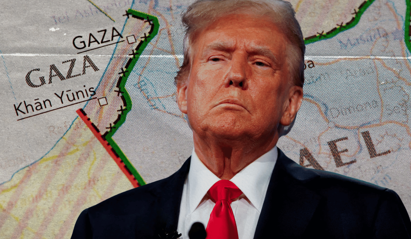 Trump in red tie. He looks stern. Background of Gaza map.
