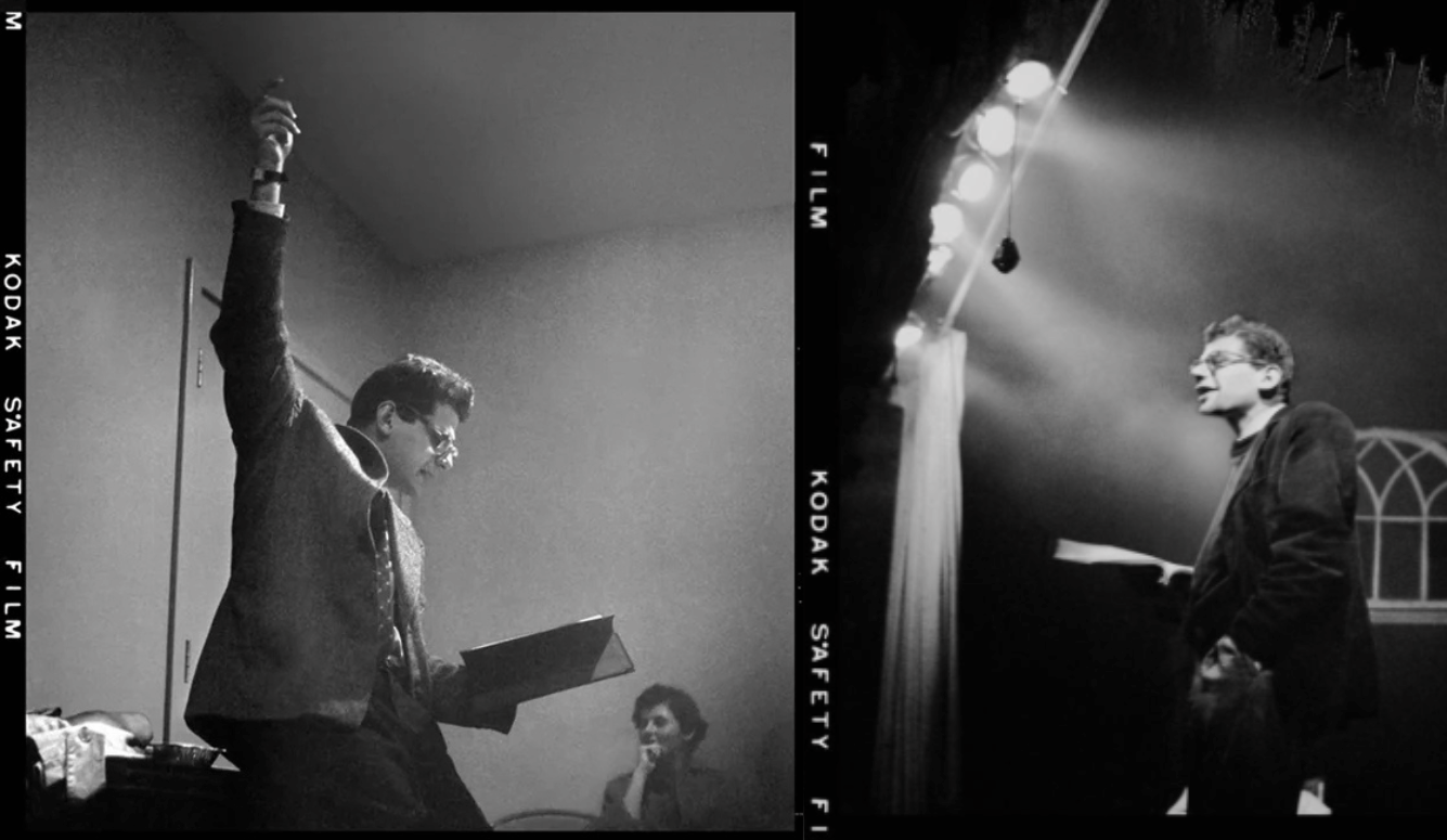 Two black-and-white Kodak photographs of Allen Ginsberg reading "Howl."
