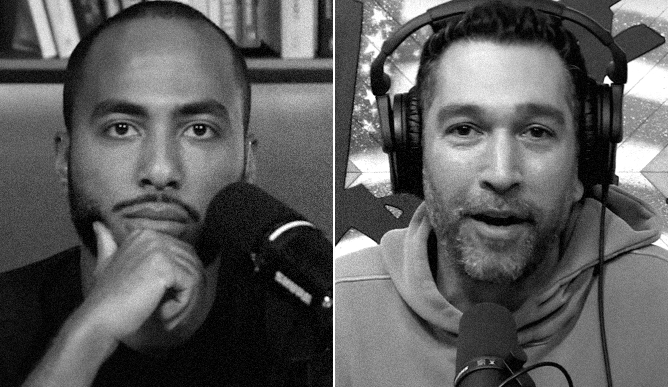 Coleman Hughes and Dave Smith are two young men, both at microphones (composite image). 