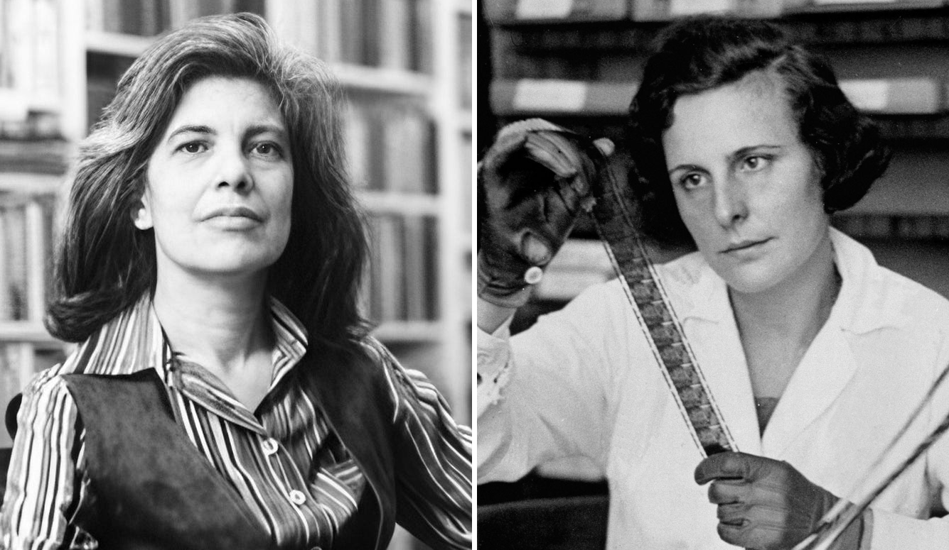 Side by side images of Susan Sontag in a library and Leni Riefenstahl inspecting a role of film. 