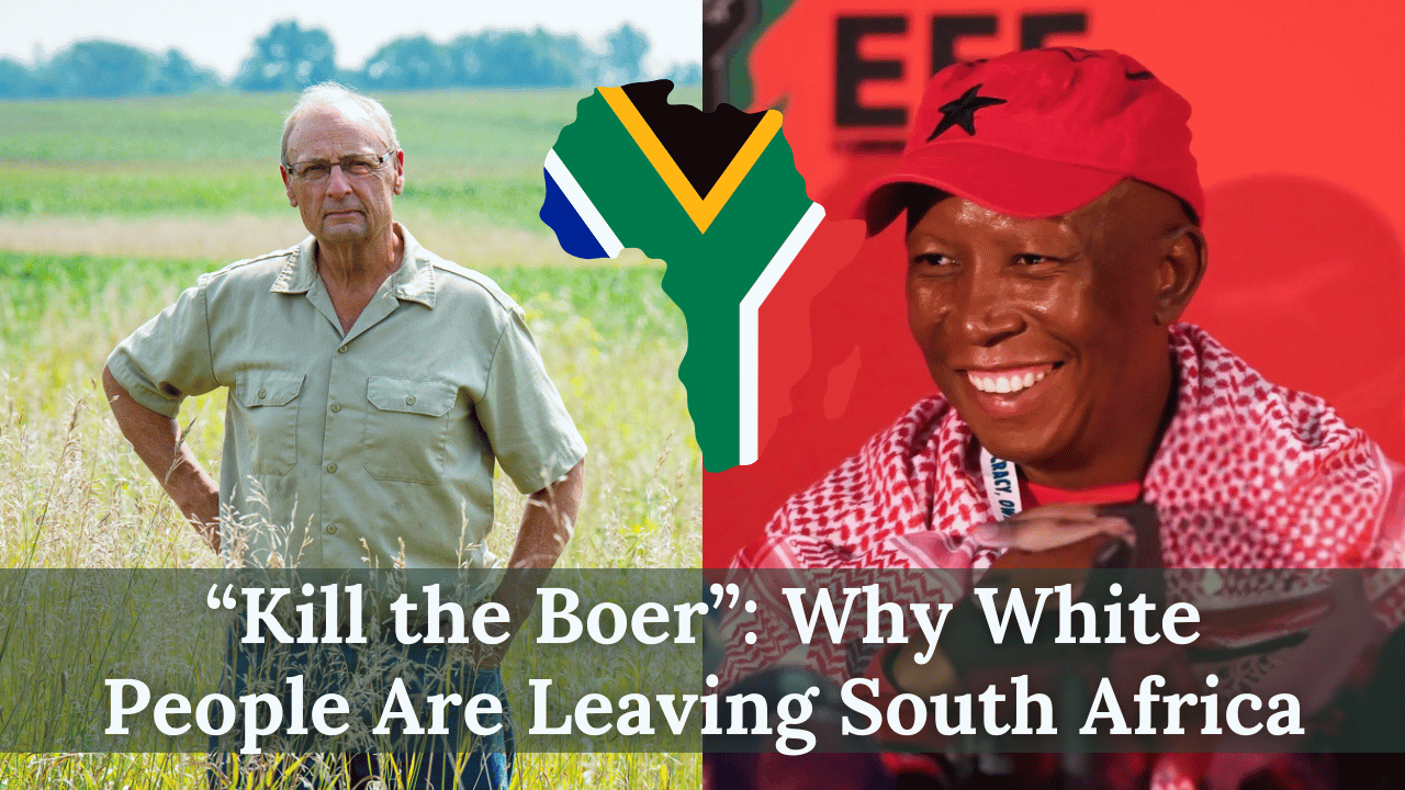 Older white man standing in a field beside black man (Julius Malema) in red cap and keffiyeh, separated by a South Africa map graphic.