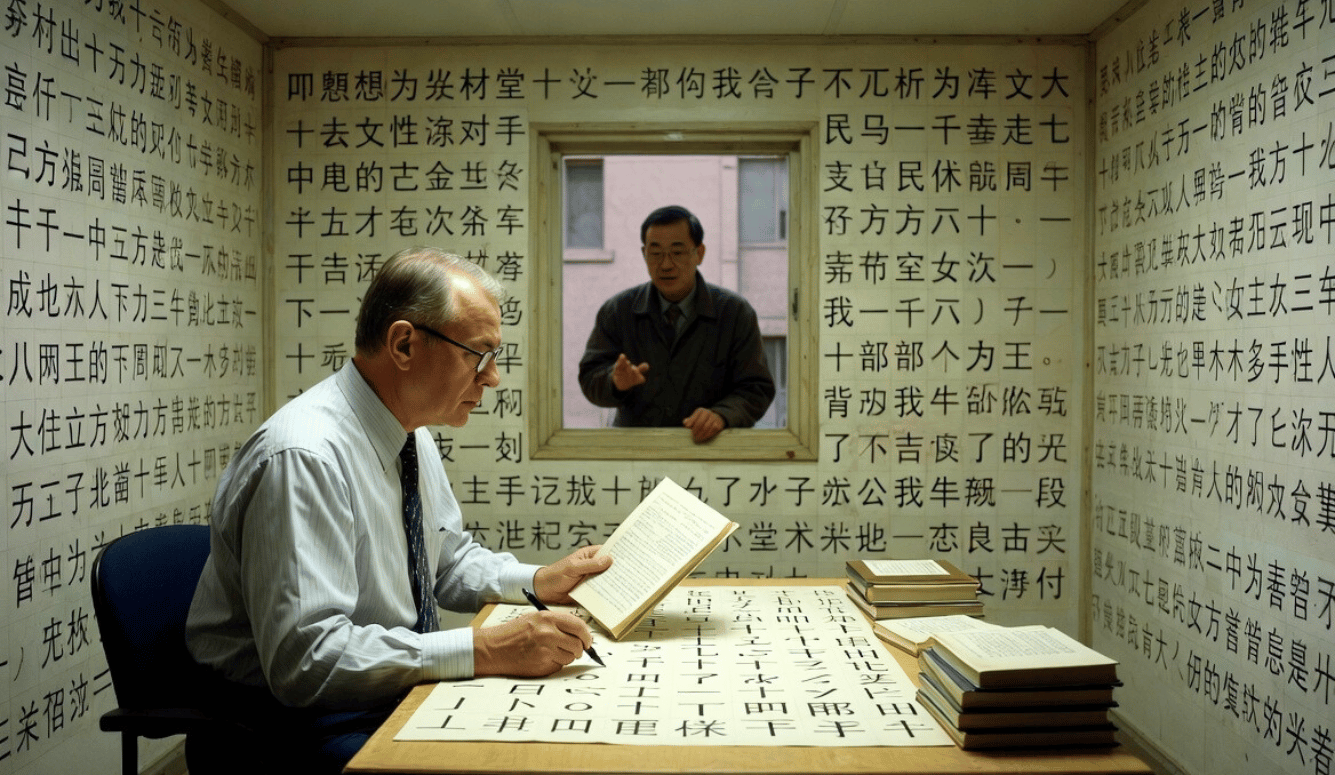 A white man reads a book at a desk covered in Chinese characters inside a room lined with Chinese text, with another man Chinese man speaking through a window.