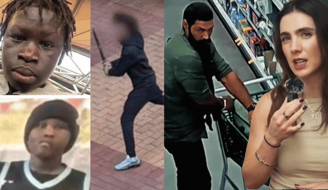 Collage showing two youths’ portraits, a person with a knife, a man leaning on a shop trolley, and a woman speaking into a mic.