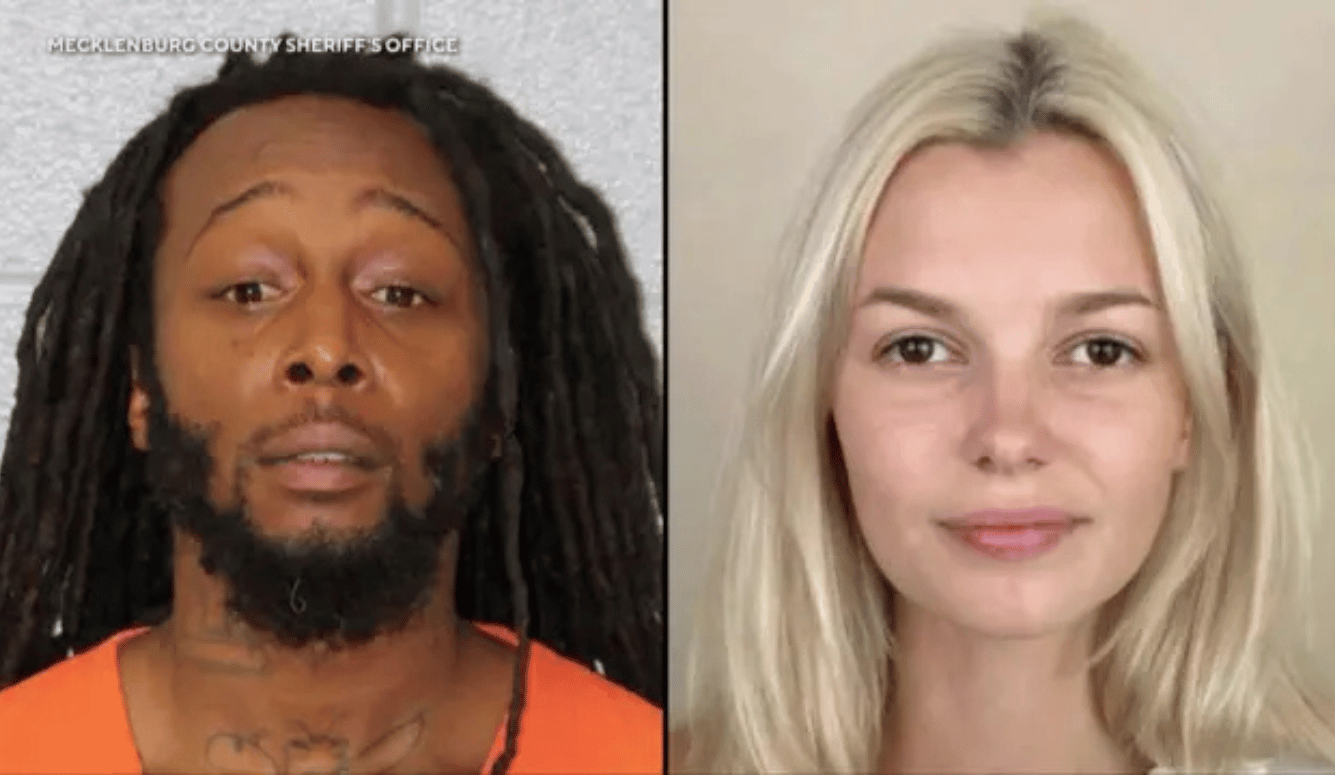 Mugshot of a black man with dreadlocks (Decarlos Brown) and a beautiful blonde young woman with brown eyes, Iryna Zarutska. 