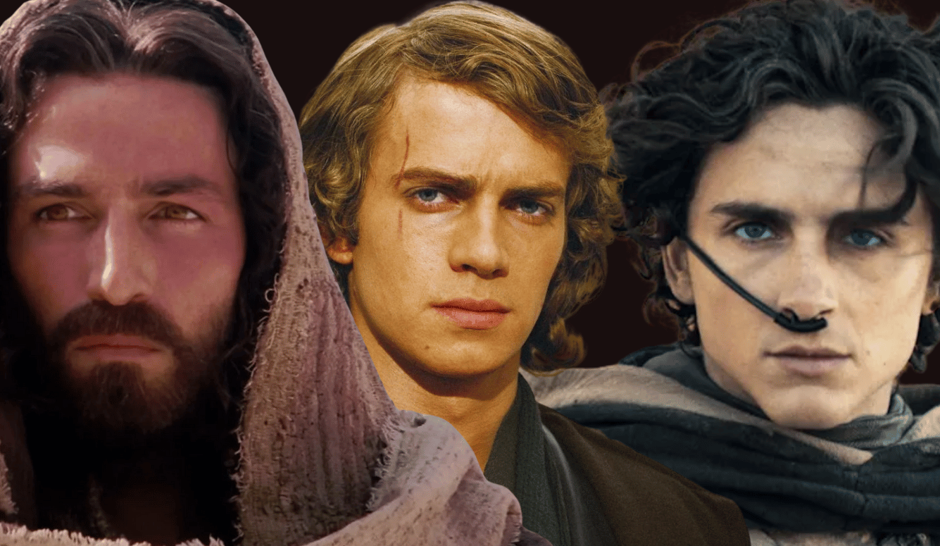 Three men with serious expressions, dressed in robes and futuristic attire, shown side by side against a dark background.