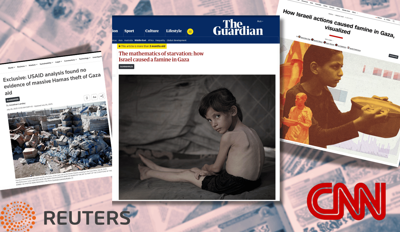 Collage of Reuters, The Guardian, and CNN articles about Gaza famine, featuring images of children and aid supplies.