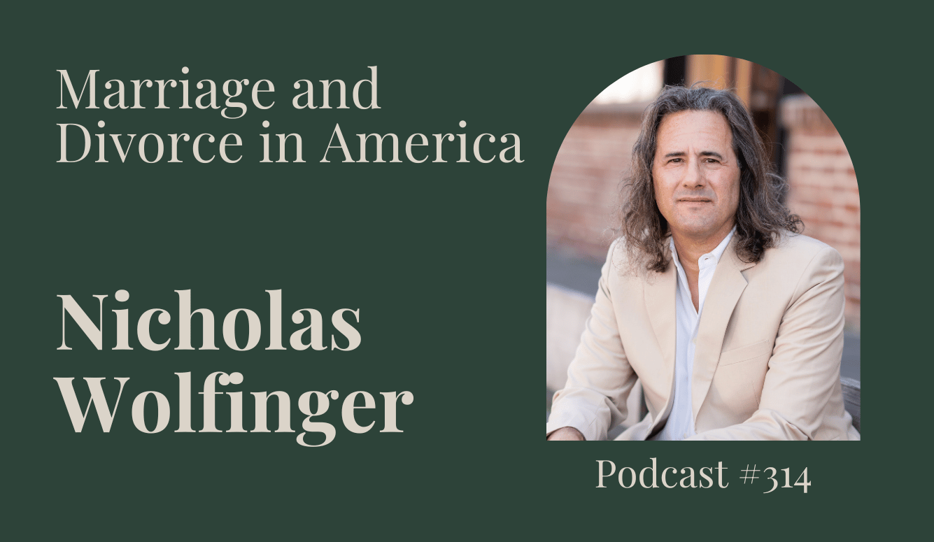 Podcast graphic on marriage and divorce in America with a long-haired man in a light blazer seated outdoors