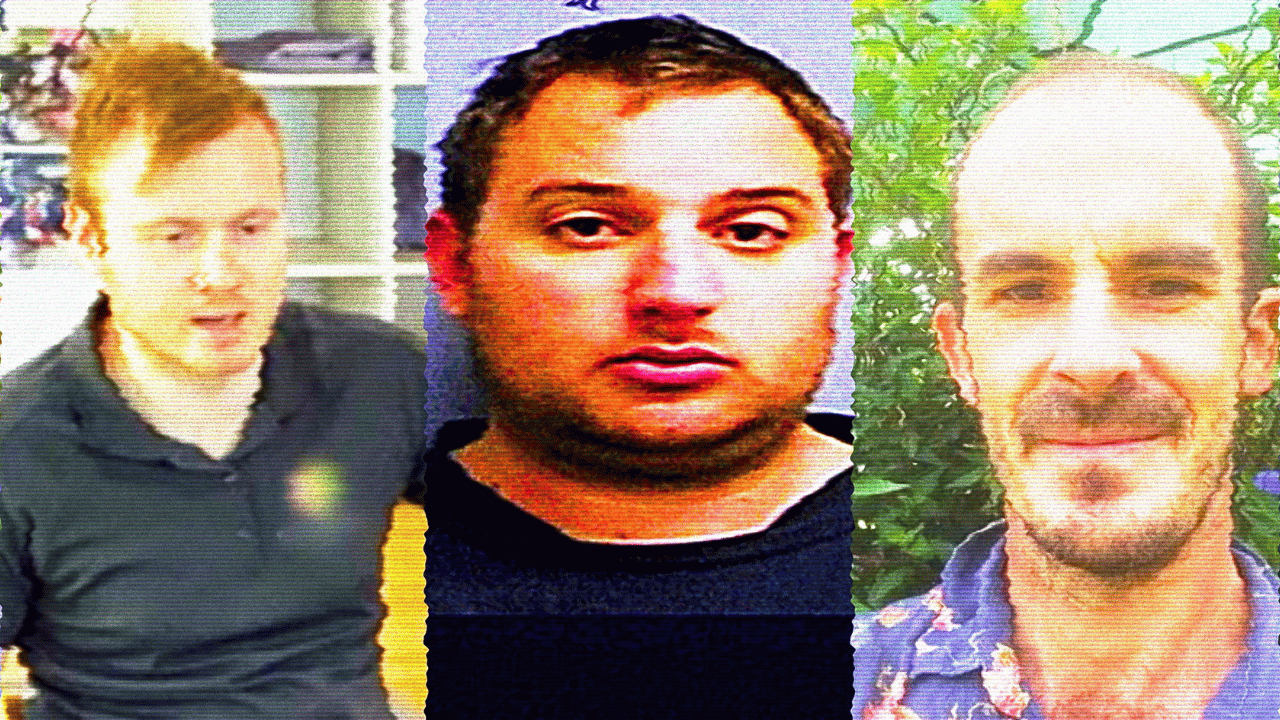 Three adult men shown in a side-by-side montage, each facing the camera in different indoor and outdoor settings. Mugshot in the middle. They are middle-aged white men.