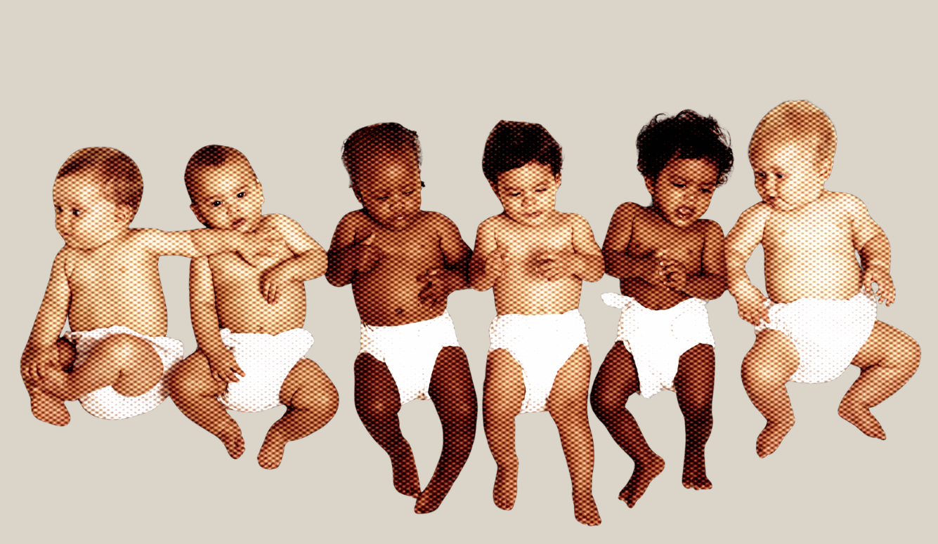 Six infants in nappies lying in a row on a crumpled paper background in a halftone style.