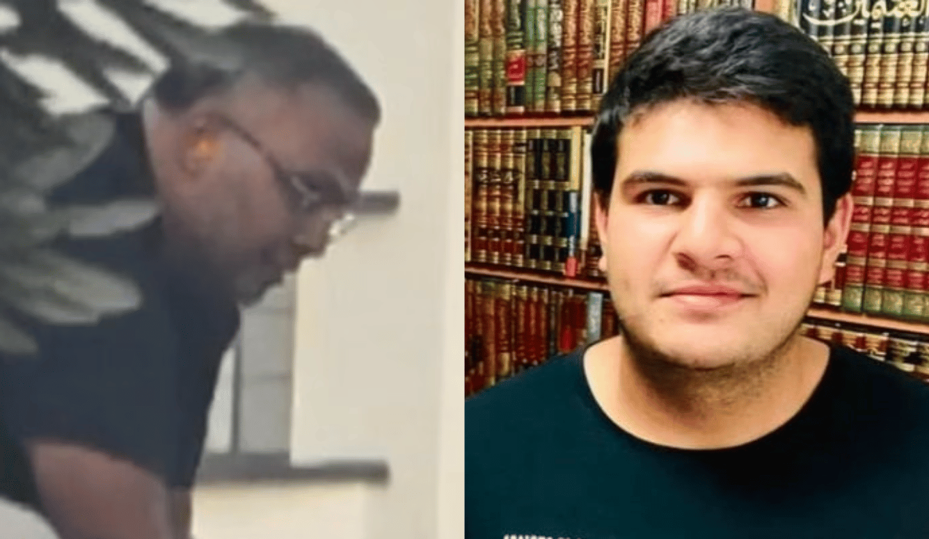 Split image showing two Pakistani men: one in glasses leaning forward indoors, the other facing the camera in front of shelves of books.