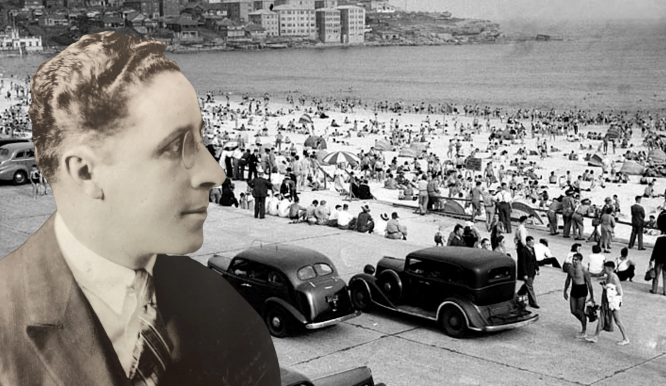 An image of a man dressed in an early twentieth-century suit and glasses superimposed on a historical image of Bondi Beach. 