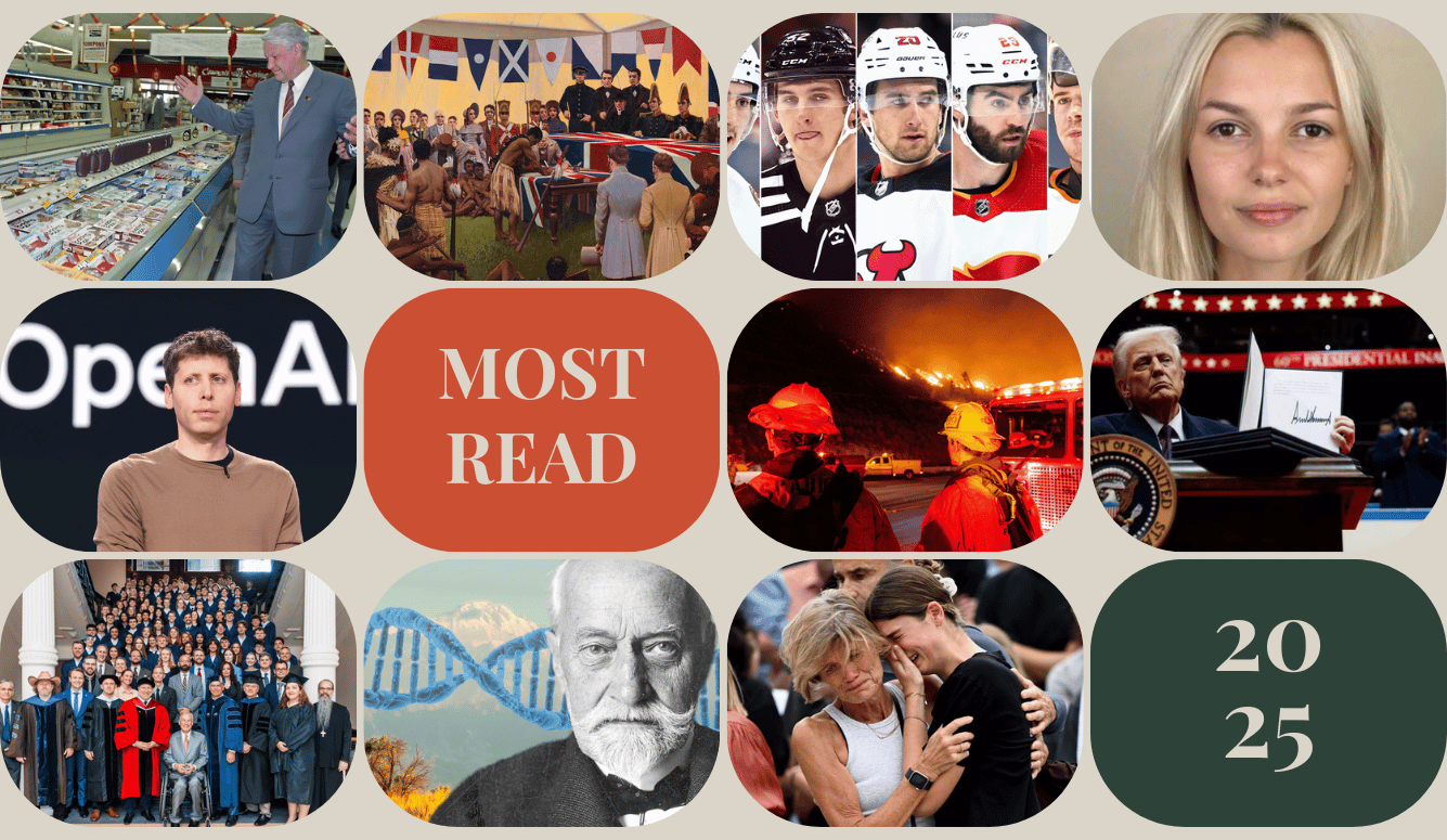 Collage of circular images showing public figures, crowds, firefighters, sports players, a “Most Read” tile and a “2025” graphic.