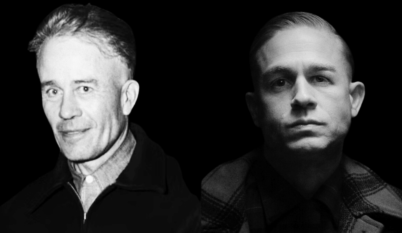 Two men in black-and-white portraits against a dark background, each facing forward with short hair and collared jackets.