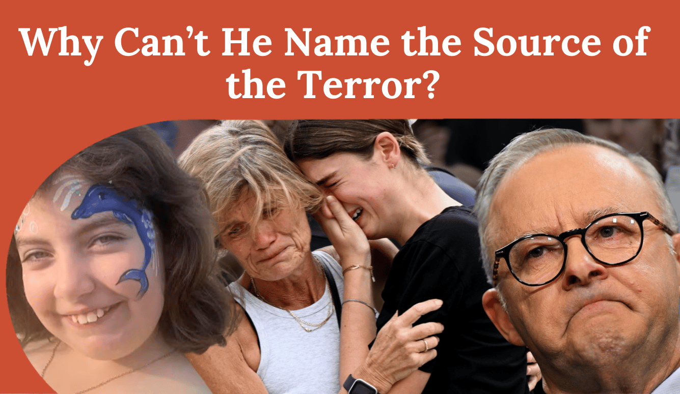 Composite image showing a child with face paint (Matilda), two women embracing in a crowd, and Anthony Albanese, an older man in glasses, beneath a headline on terrorism.