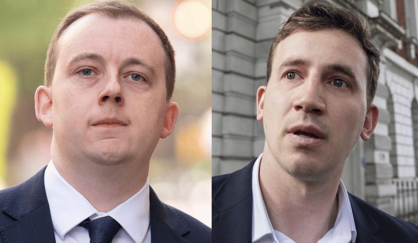 Two suited men in separate outdoor close-ups, both looking ahead against blurred urban backgrounds.