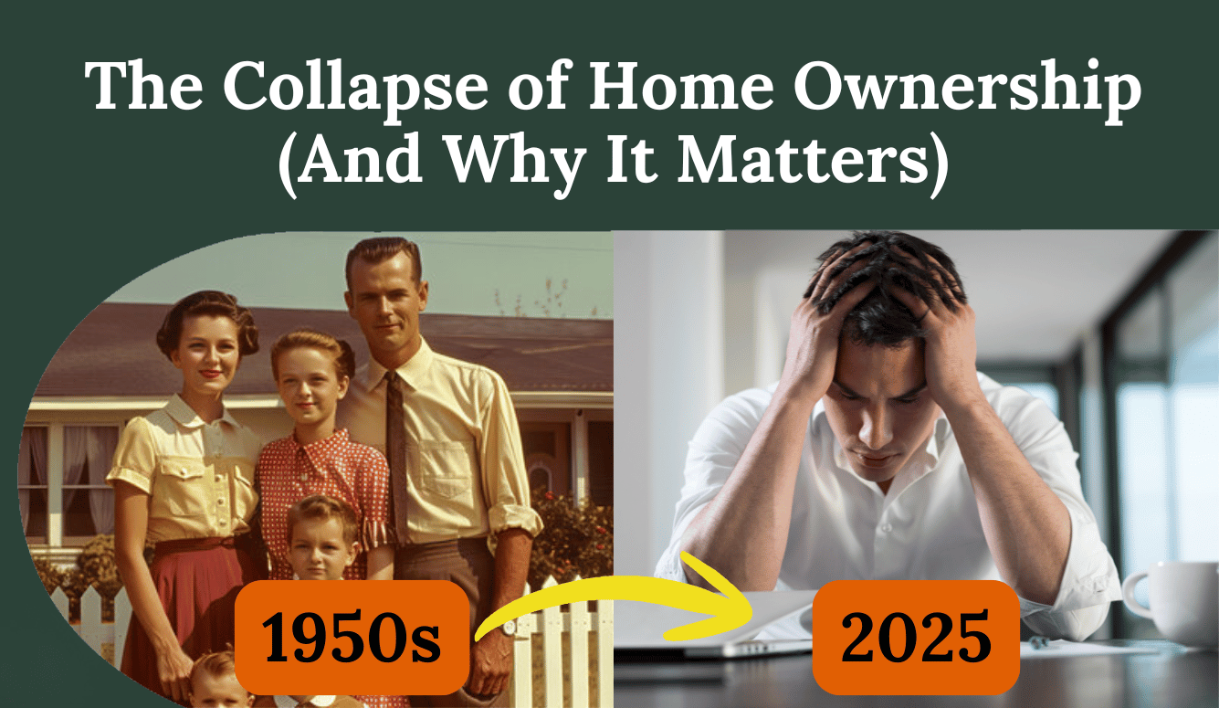 Split image showing a 1950s family outside a house beside a man in 2025 holding his head at a desk.