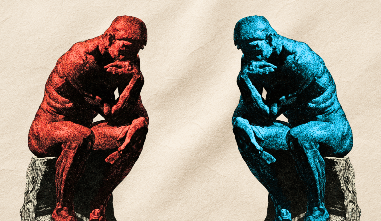 Red and blue mirrored figures of The Thinker seated in identical contemplative poses.