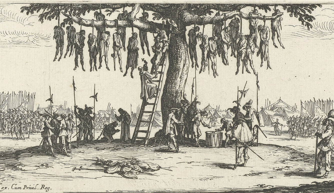 Historical engraving depicting a mass execution by hanging from a large tree, with soldiers and observers surrounding the scene. 