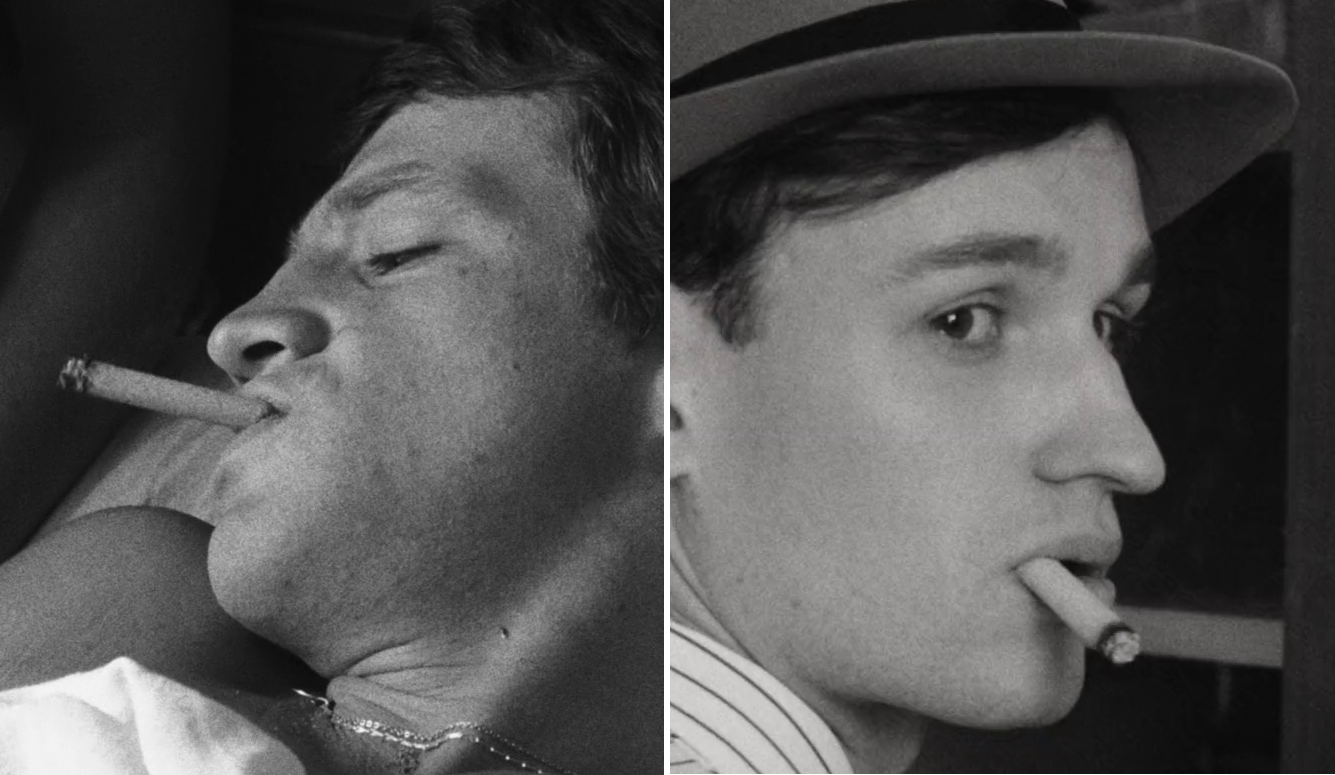 Split black and white photograph showing Jean-Paul Belmondo as Michel Poiccard and Aubry Dullin as Jean-Paul Belmondo, smoking. 