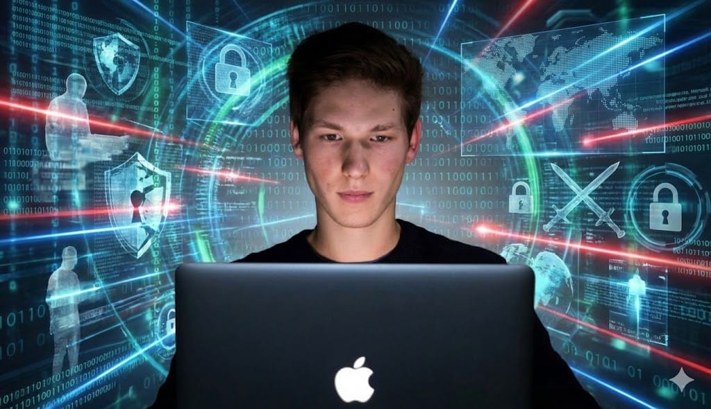 Young man using a laptop with digital cybersecurity icons and data graphics in the background.