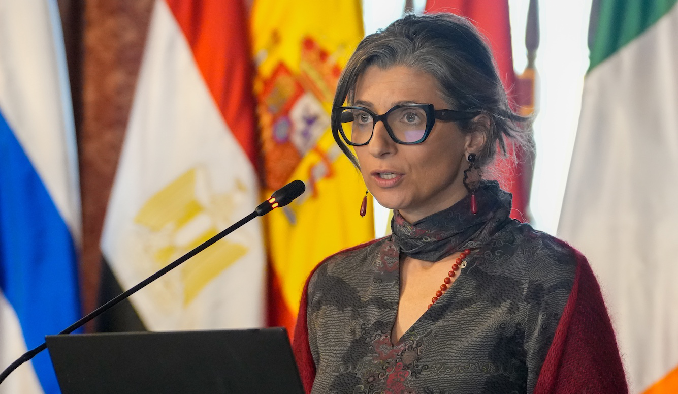 Francesca Albanese, a middle-aged woman with glasses, stands at a podium. Flags in the background.