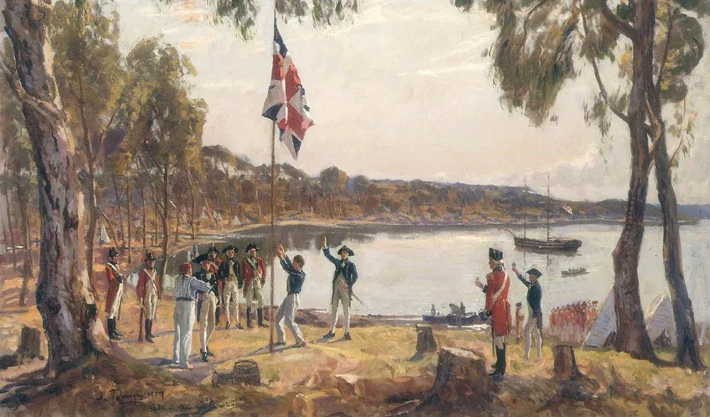 The Founding of Australia, depicts the raising of the British flag at Sydney Cove on January 26, 1788.
