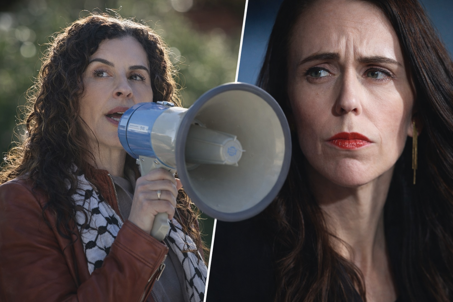 Split-screen image of a woman with a megaphone on the left and Jacinda Ardern looking serious on the right.