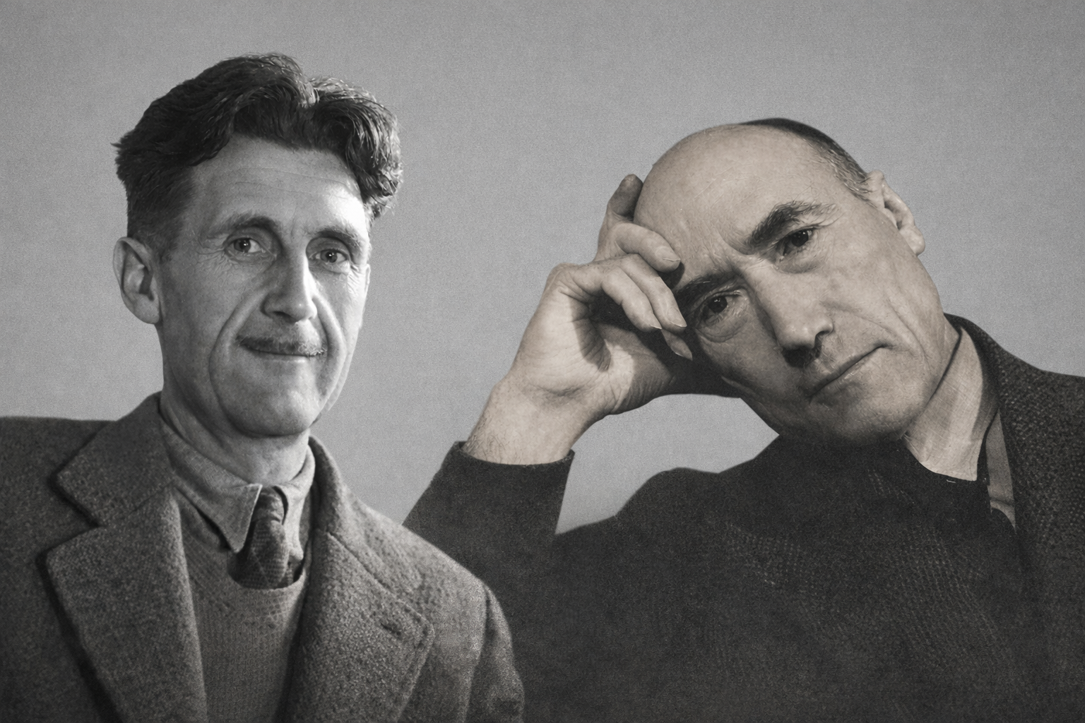 Black-and-white photomontage of George Orwell and André Gide, both in mid-century attire, set against a muted, featureless background. Orwell faces forward with a composed expression.