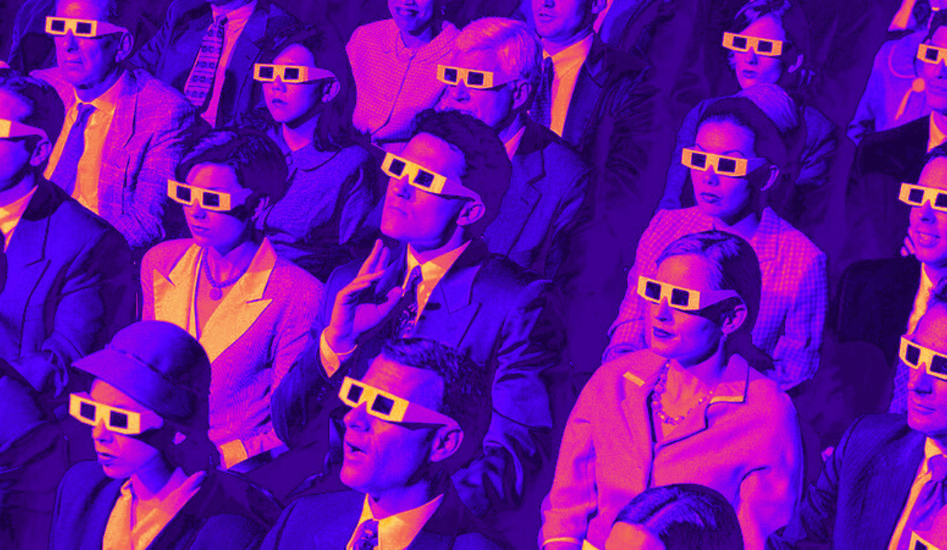 Stylised image of a seated cinema audience wearing 3D glasses, dressed in mid-20th-century formal clothing under purple lighting.