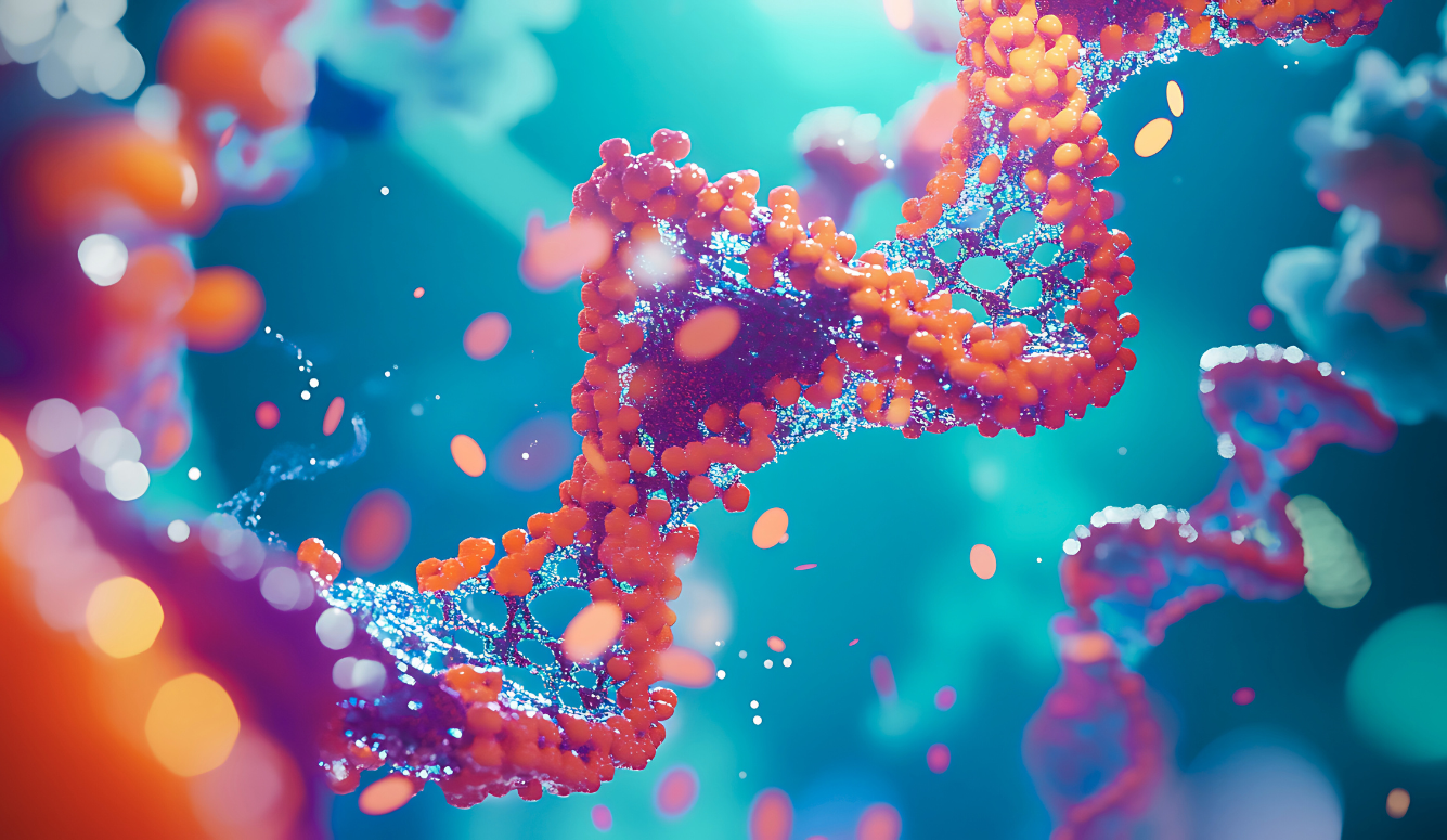 Abstract 3D illustration of a DNA double helix with blue strands and orange molecular clusters on a blurred scientific background. 