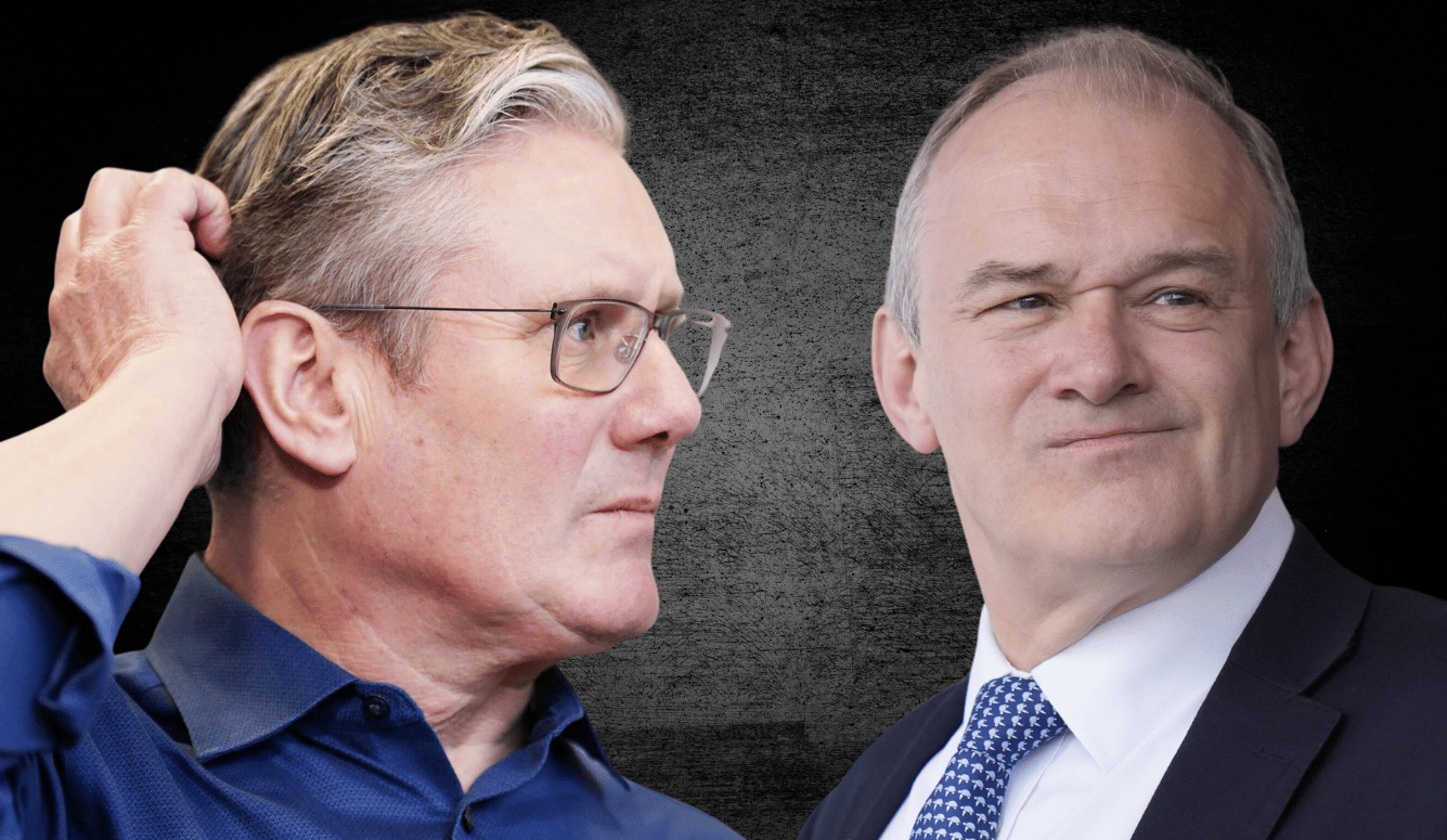 Two middle-aged men in suits and glasses face each other in a split portrait against a dark textured background