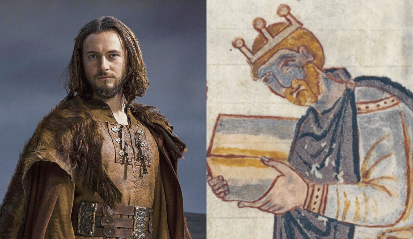 Split image comparing a television actor dressed as a medieval king with a medieval manuscript illustration of a crowned ruler.