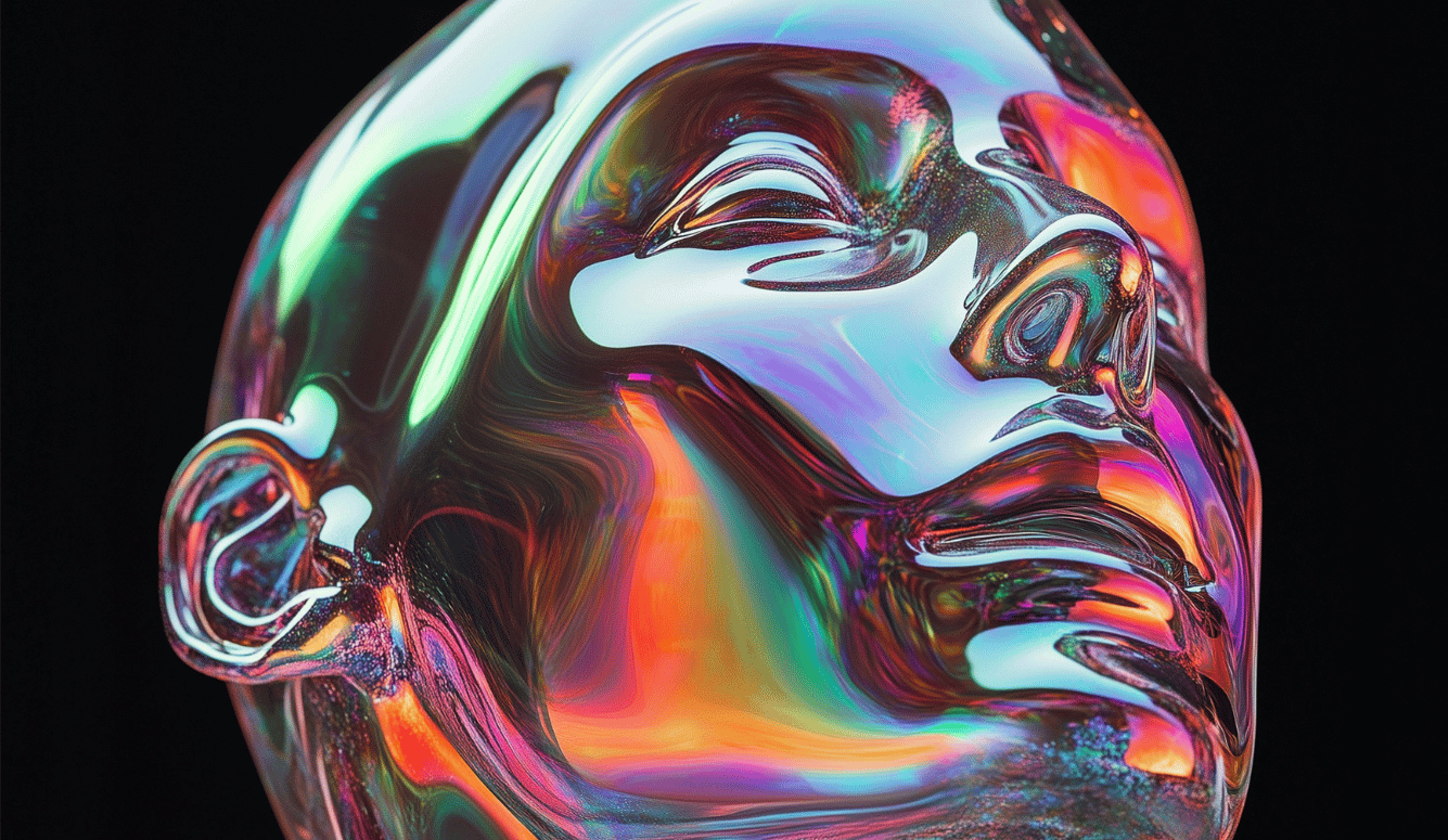 Abstract digital sculpture of a human head rendered in glossy, iridescent colours against a black background.