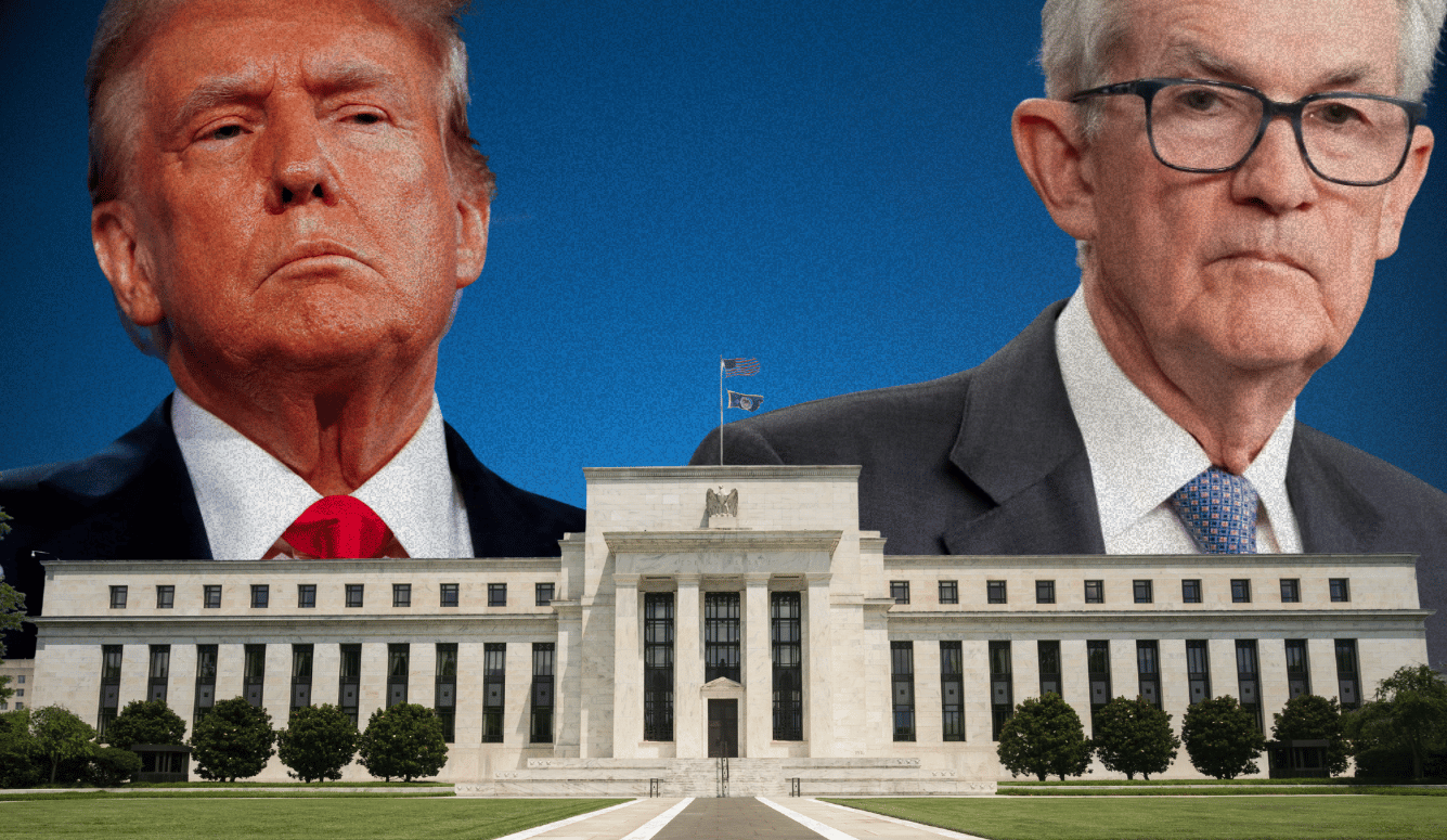 Composite image showing Donald Trump and Federal Reserve chair Jerome Powell above the Federal Reserve building in Washington, DC.