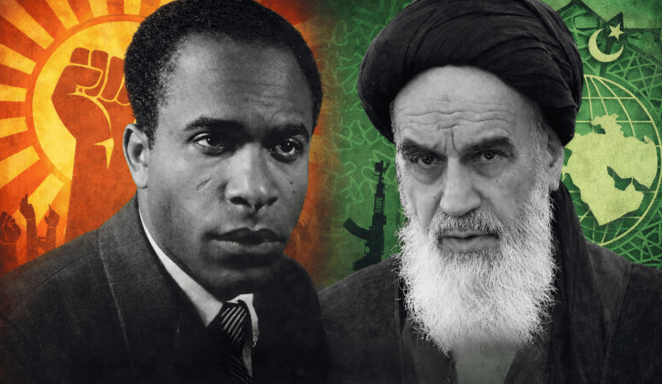 Black-and-white portraits of two male revolutionary figures, set against a raised fist and Islamic symbols. It's Frantz Fanon and Ayatollah Khomeini.