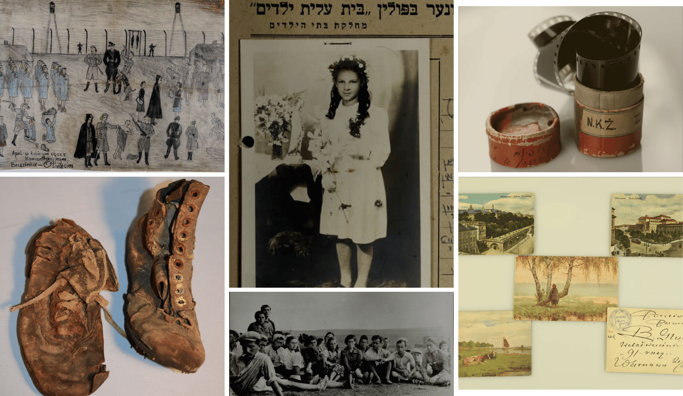 Collage of wartime drawings, photographs, film canisters, worn shoes, and postcards, including images of children and youth groups.